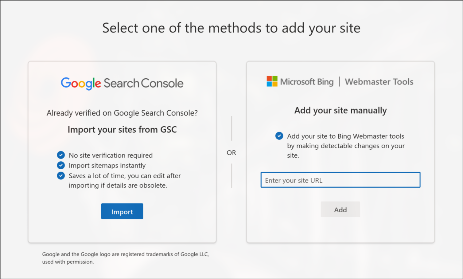 Bing Webmaster Tools welcome page with the 'Import from Google Search Console' button that automatically imports all your verified sites and settings from Google.