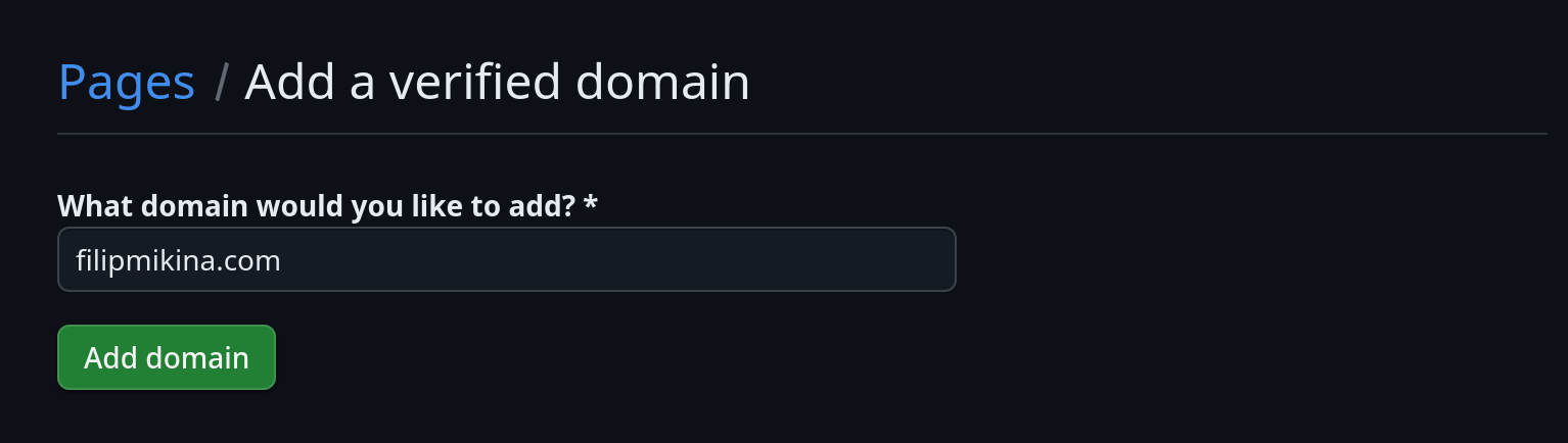 GitHub Pages settings showing the Add domain button