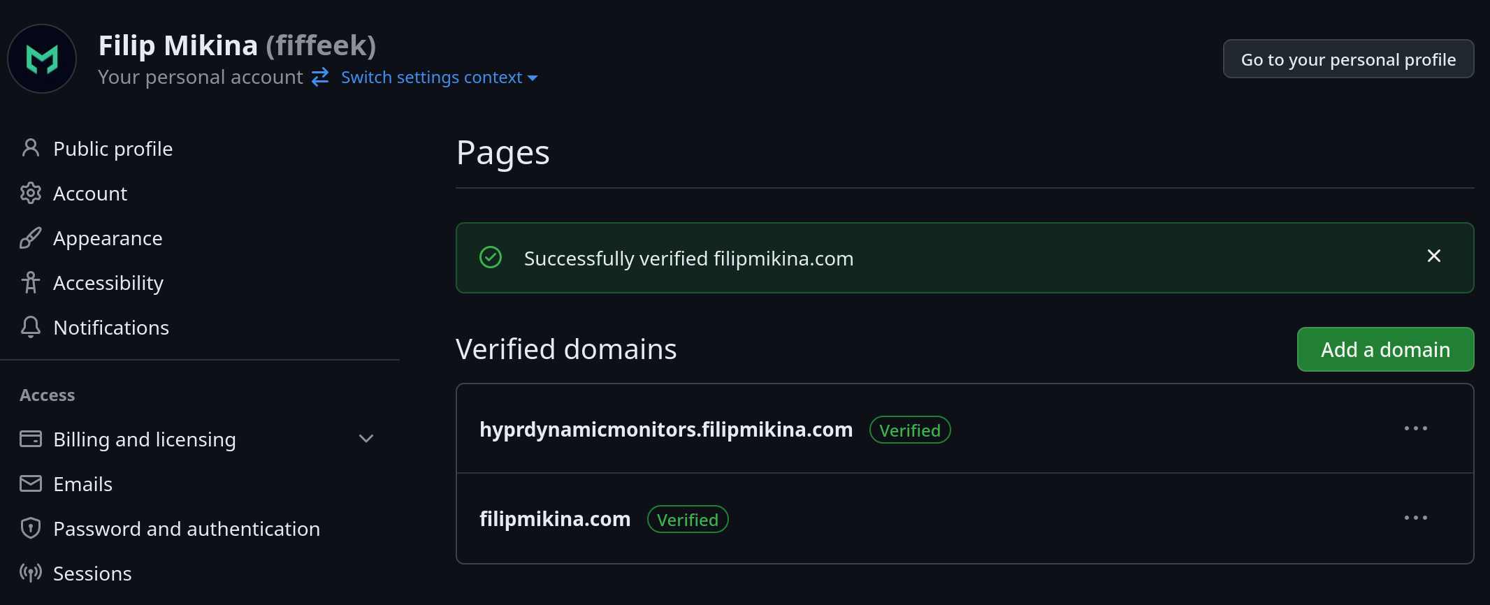 GitHub domain verification showing the domain is verified and protected