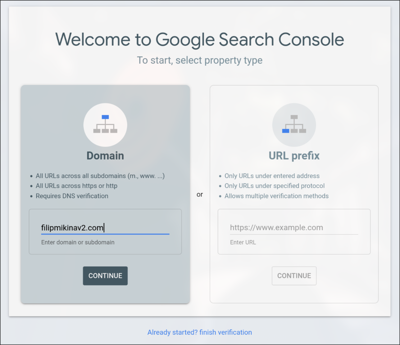 Google Search Console with the 'Domain' property option on the left where you enter your root domain like 'filipmikina.com' without subdomain or protocol.