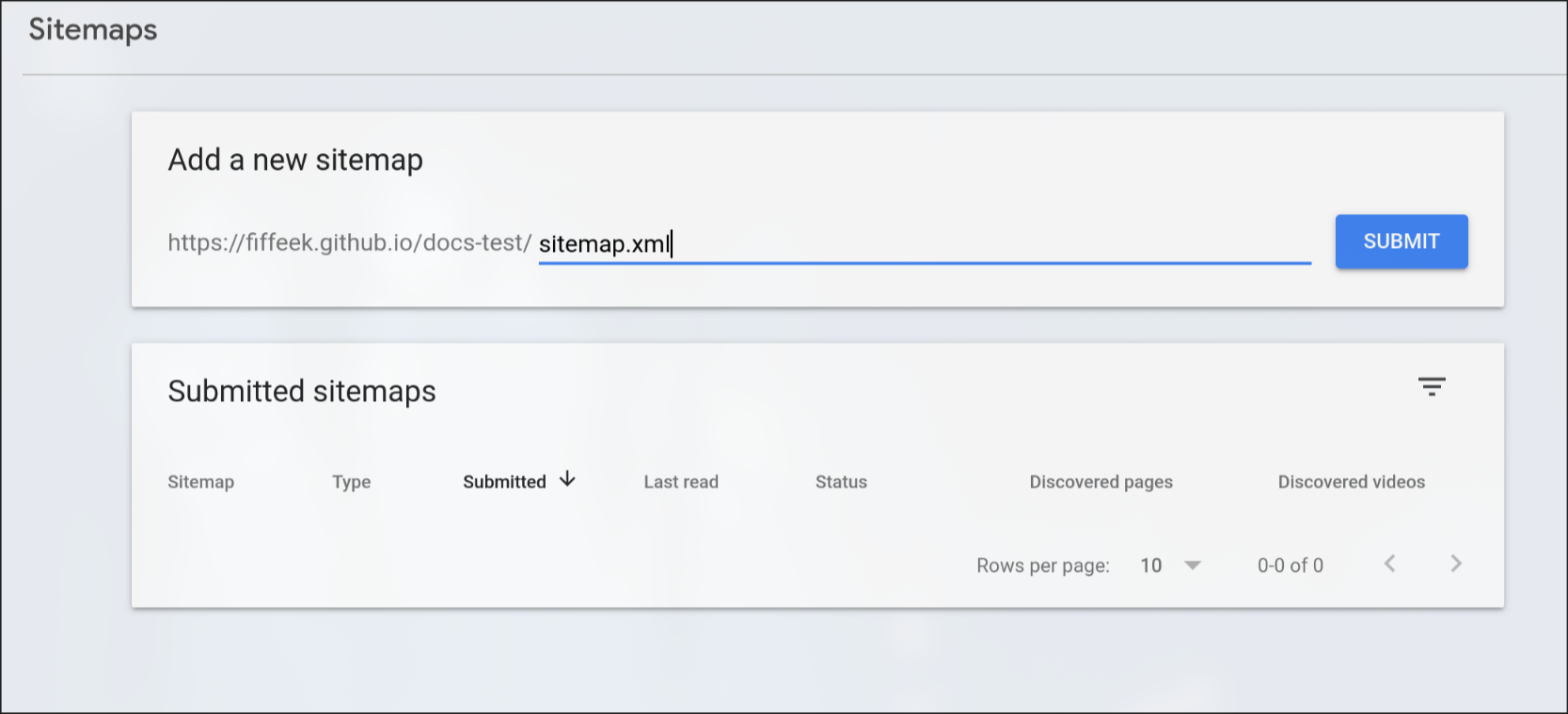 'Add a new sitemap' input field where you enter 'sitemap-0.xml' and click Submit to tell Google about your site's structure.