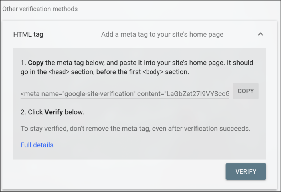 Expanded HTML tag verification section showing a meta tag code snippet beginning with 'google-site-verification' that you'll copy and paste into your site's head section.