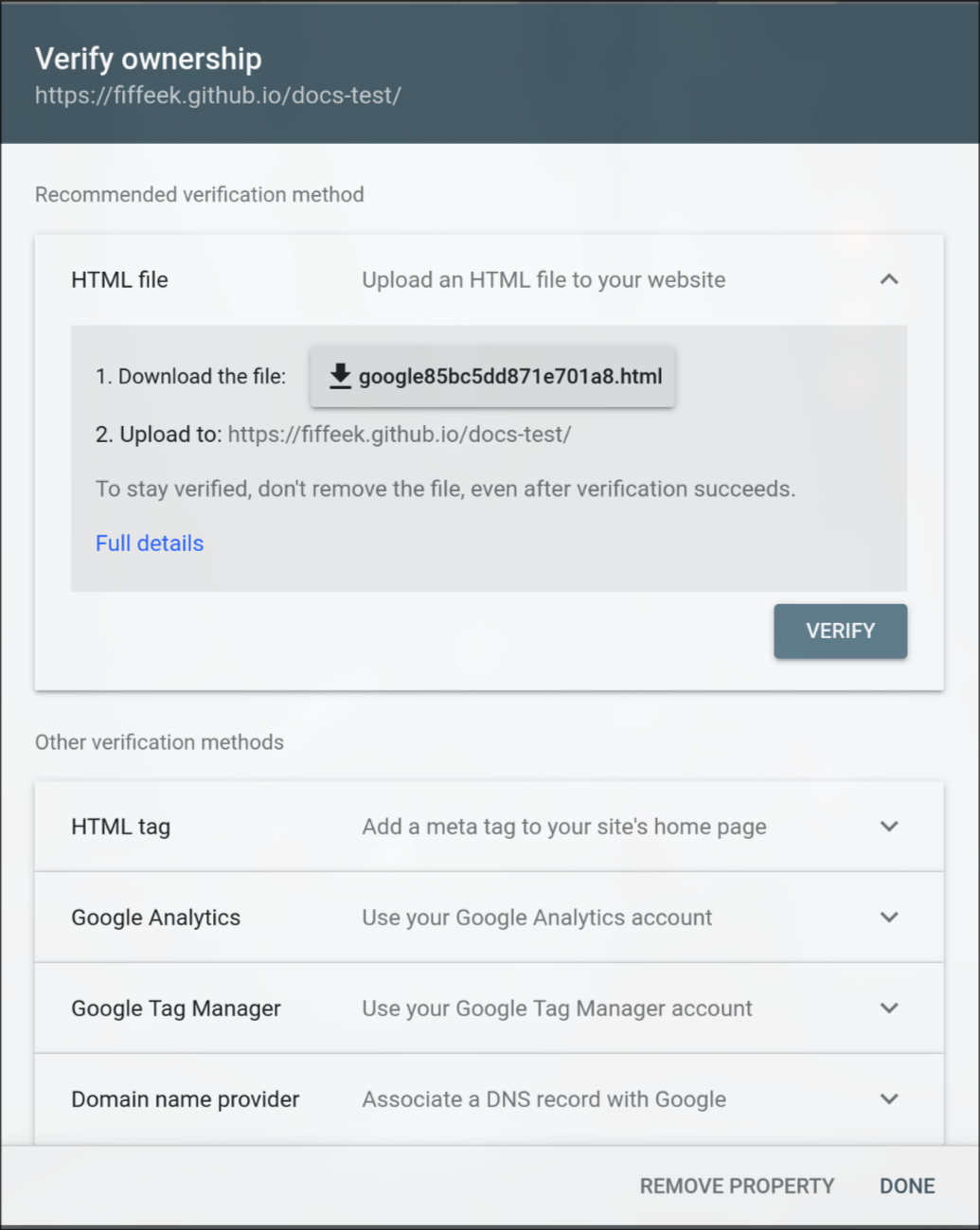 Verification methods page in Google Search Console showing multiple options: HTML file, HTML tag, Google Analytics, and others. The HTML tag option is the easiest for GitHub Pages.