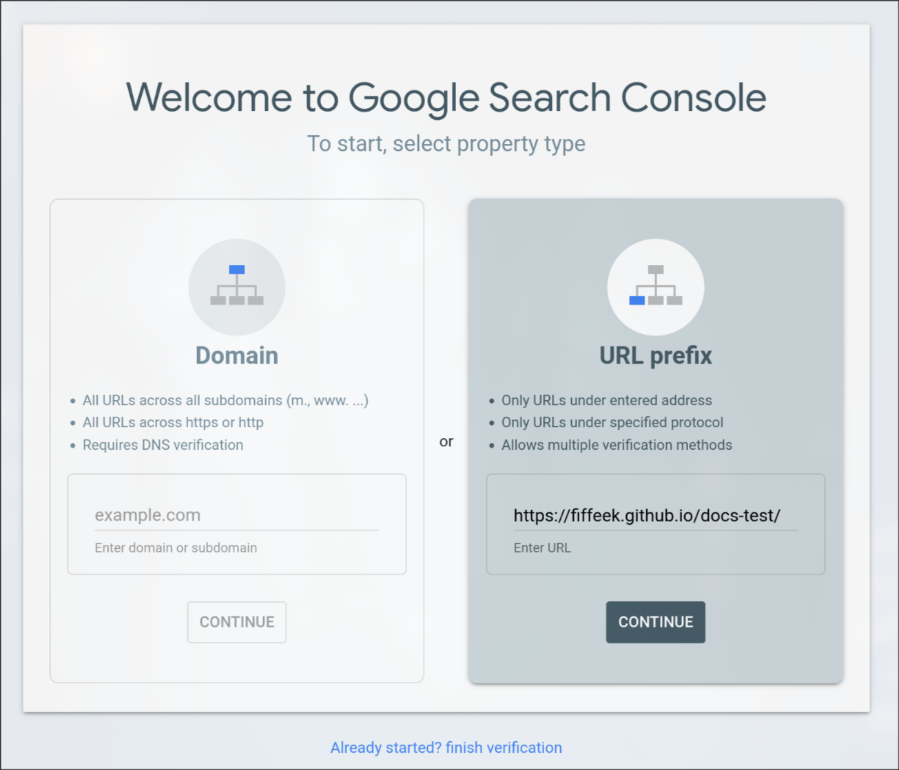 Google Search Console welcome page with two options: Domain property on the left and URL prefix on the right. Enter your full GitHub Pages URL in the URL prefix field.