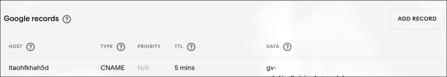 Domain provider's DNS settings with a new TXT record where the record name is '@' and the value is the google-site-verification string from Google.