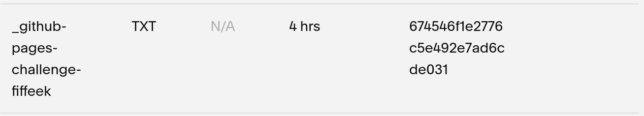 DNS provider interface showing the GitHub verification TXT record